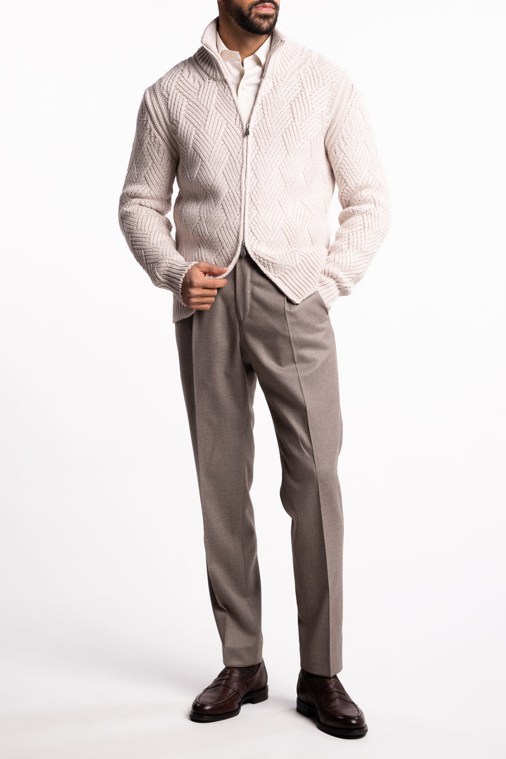 Wool Full-Zip Cable Knit Cardigan Off White