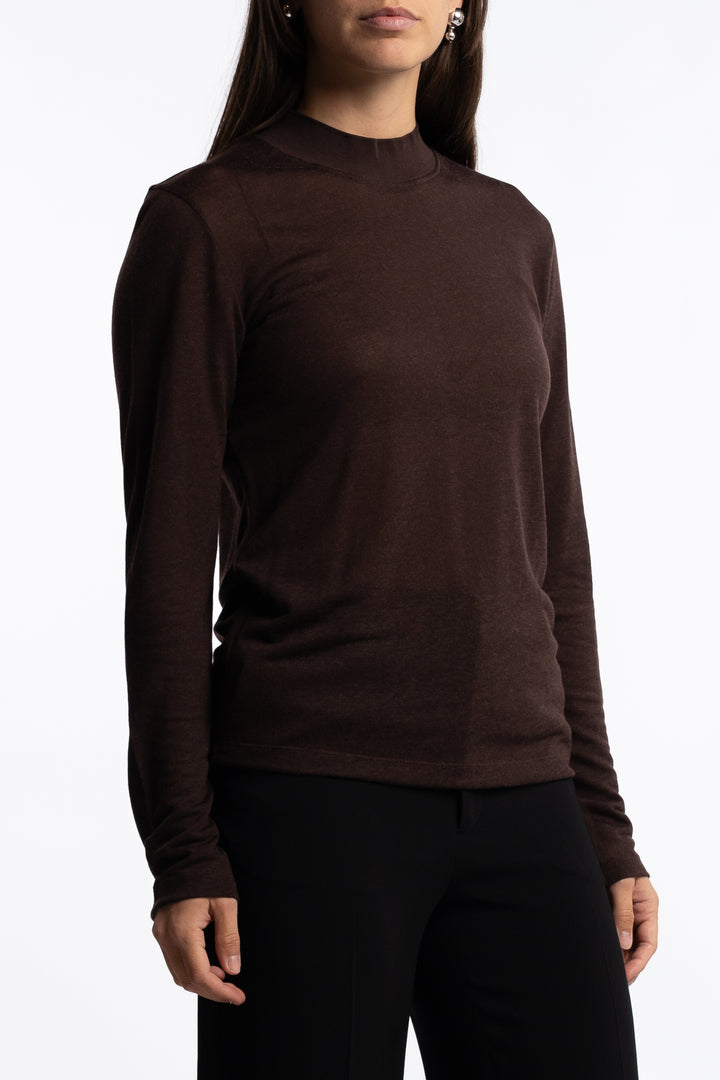 Lyocell Cashmere Mock Neck Top- Brown