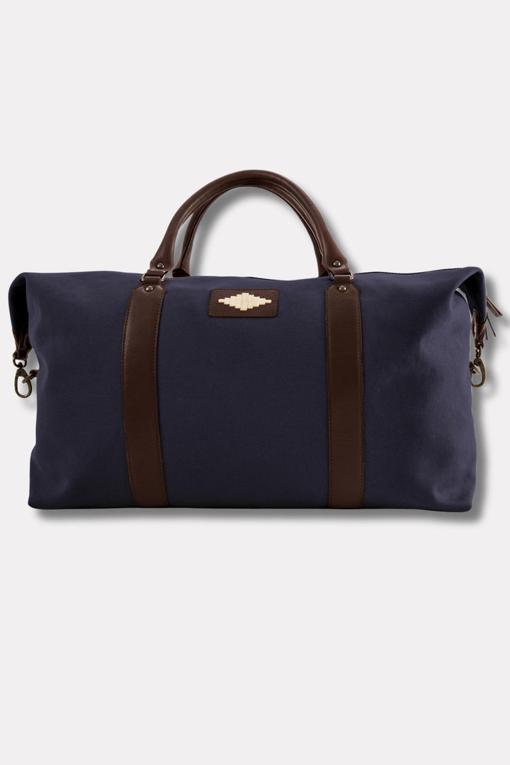 Caballero Large Travel Bag - Brown Leather and Navy Canvas With Cream Stitching