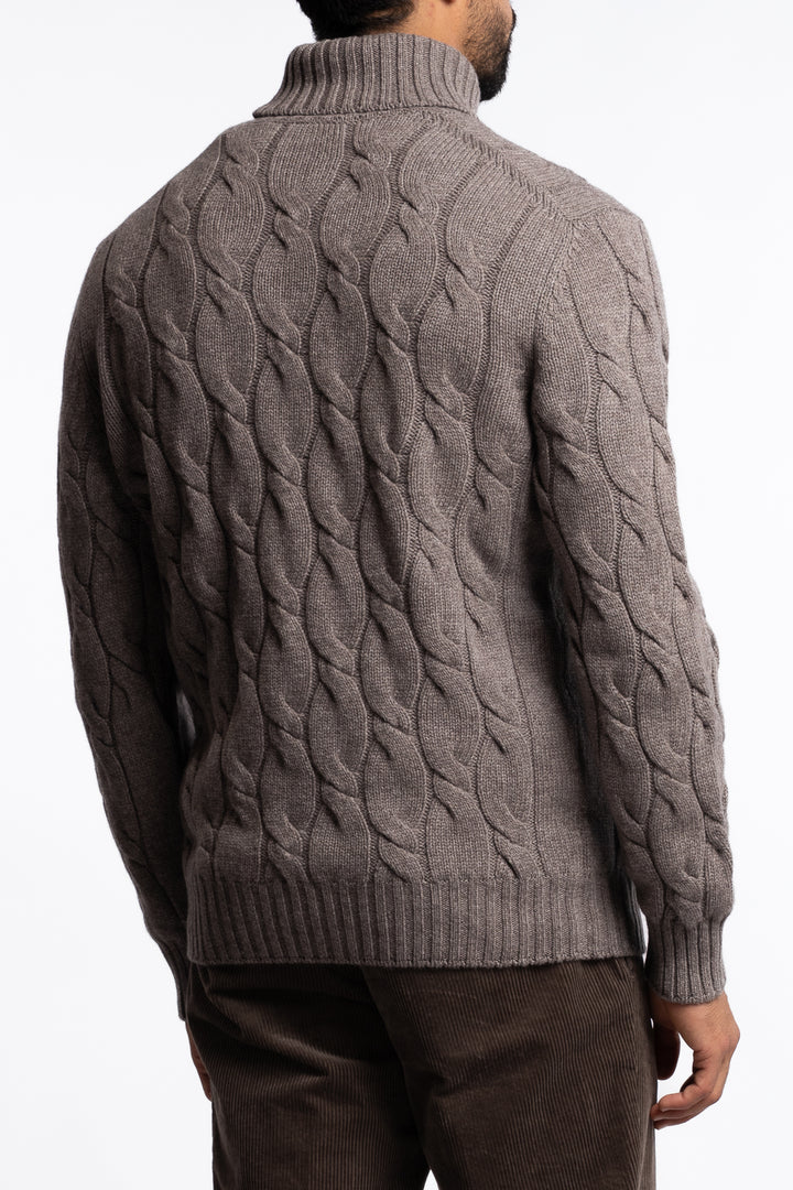 Cabled Virgin Wool Turtleneck Brown