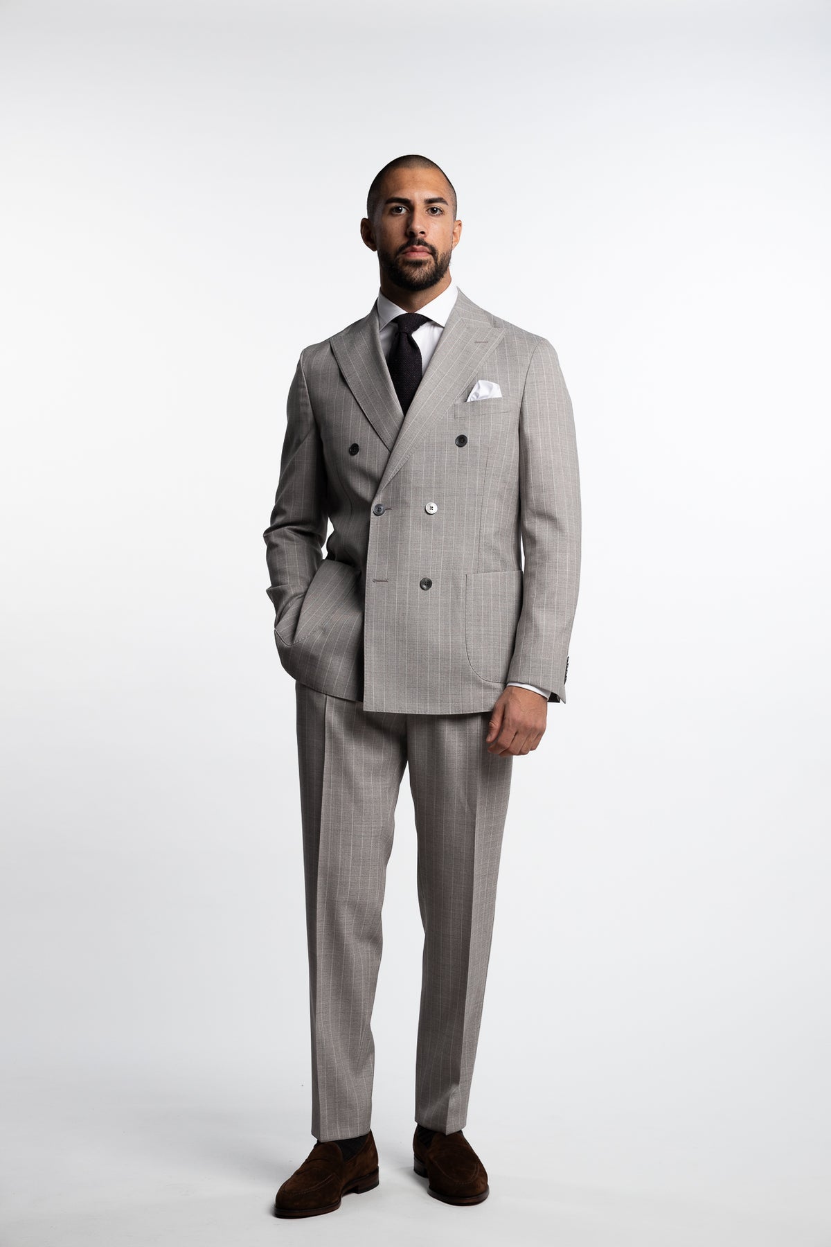 Vicenza Double Breasted Wool Suit Beige Stripe