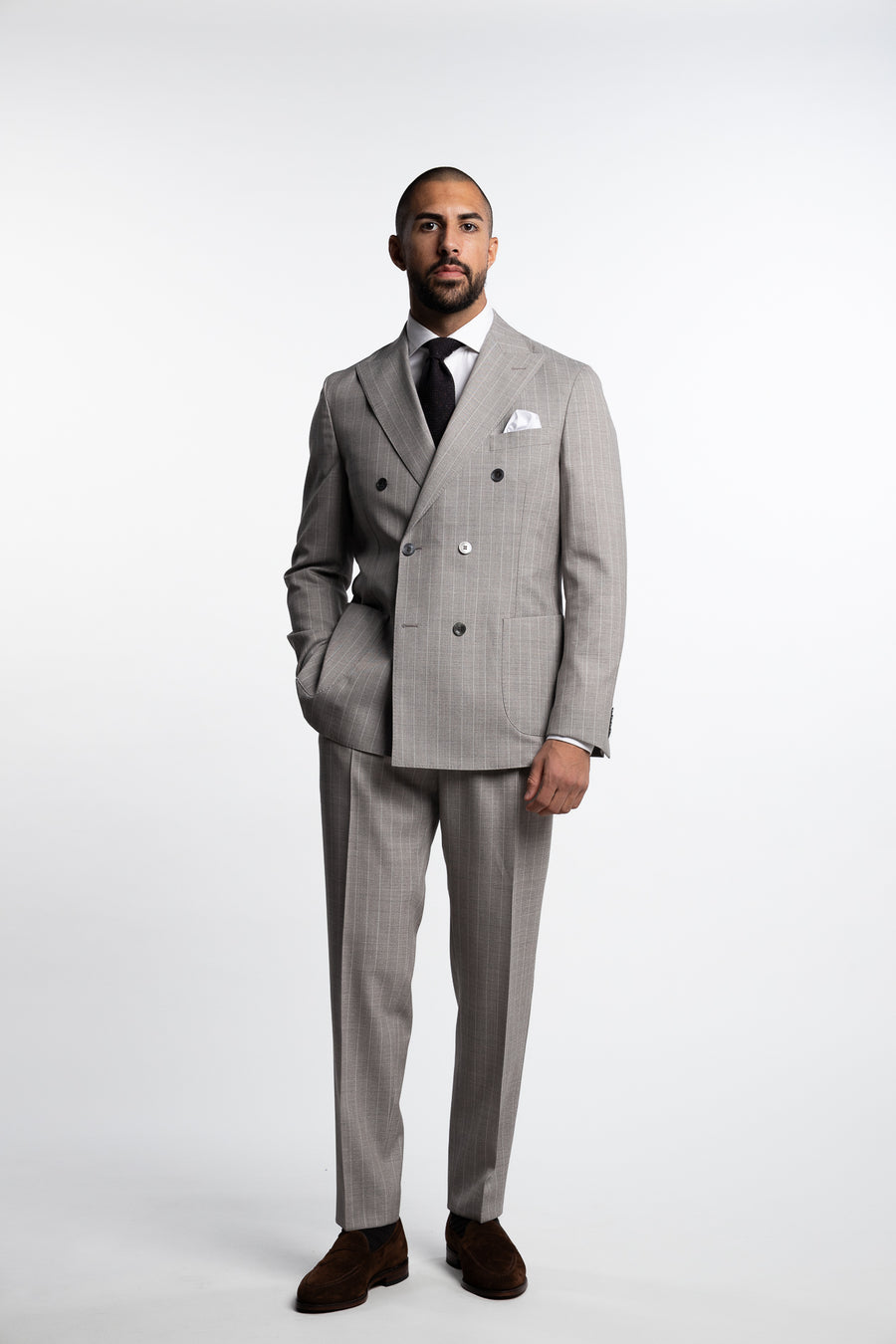 Vicenza Double Breasted Wool Suit Beige Stripe