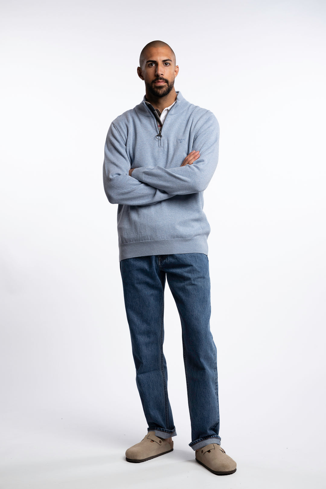 Cotton Half Zip Knitted Jumper Light Blue