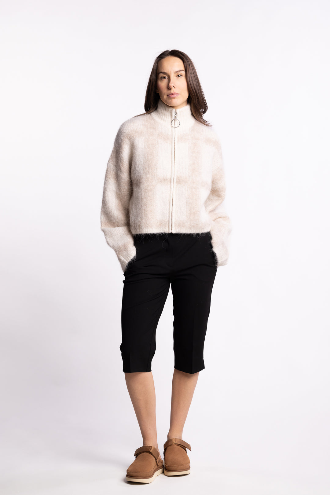 Tine Light Check Cardigan- Lt Brown Mix