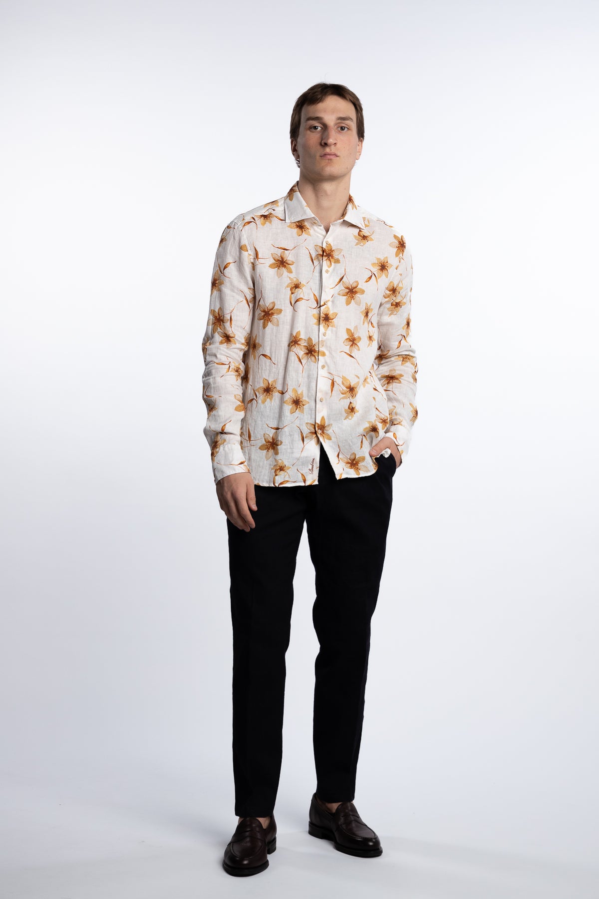 Slimline Casual Shirt Light Brown Flower