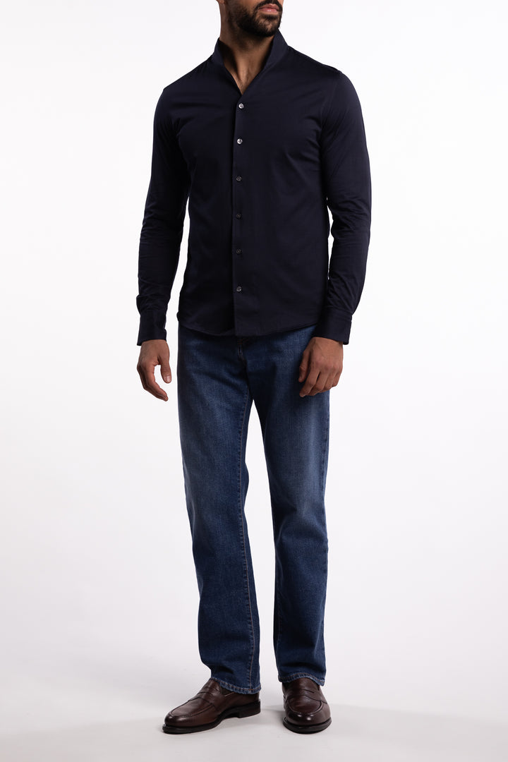 No Collar Cotton Shirt Navy