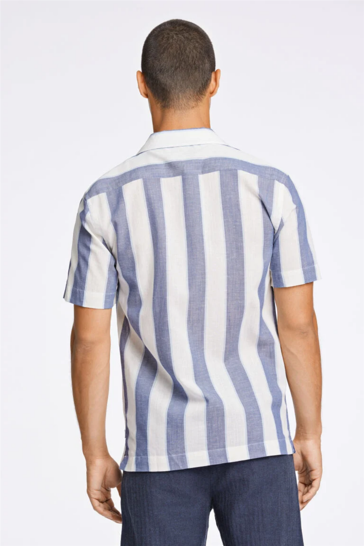 Striped Linen/Cotton Shirt S/S Dk Blue