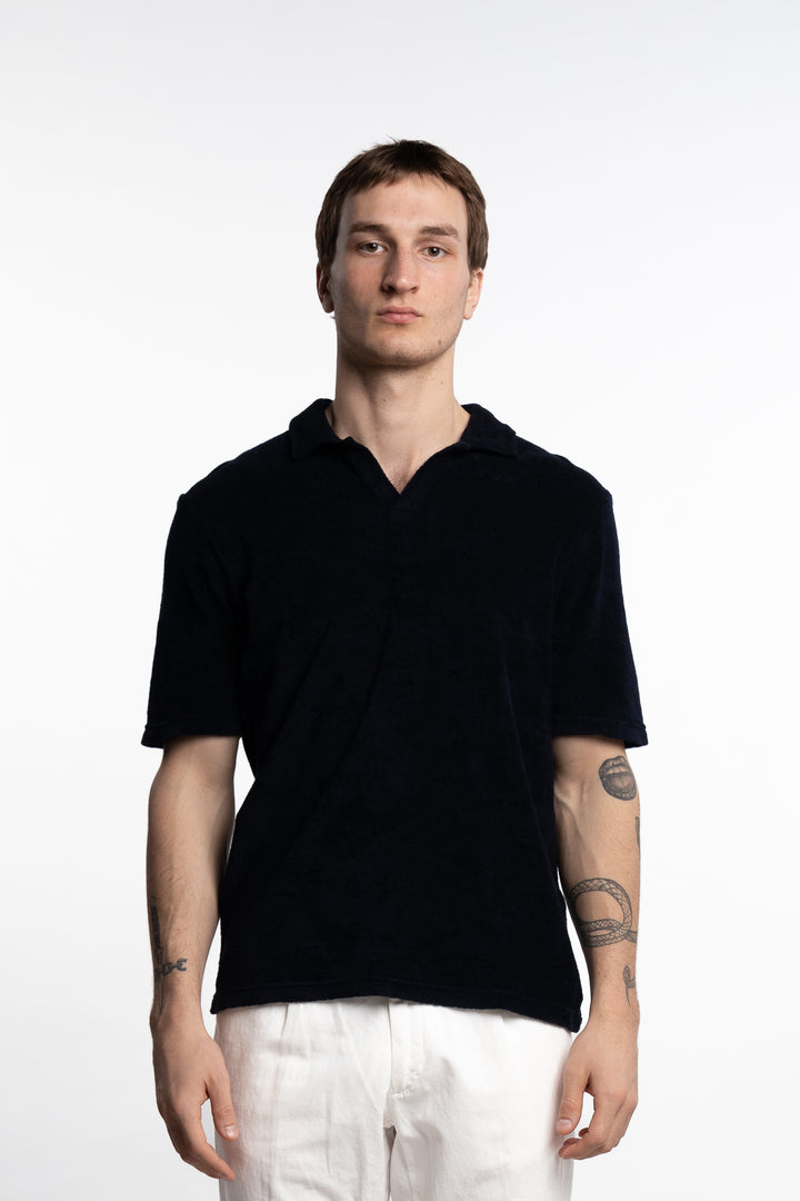 Terrycloth Polo T-Shirt Short Sleeve Navy