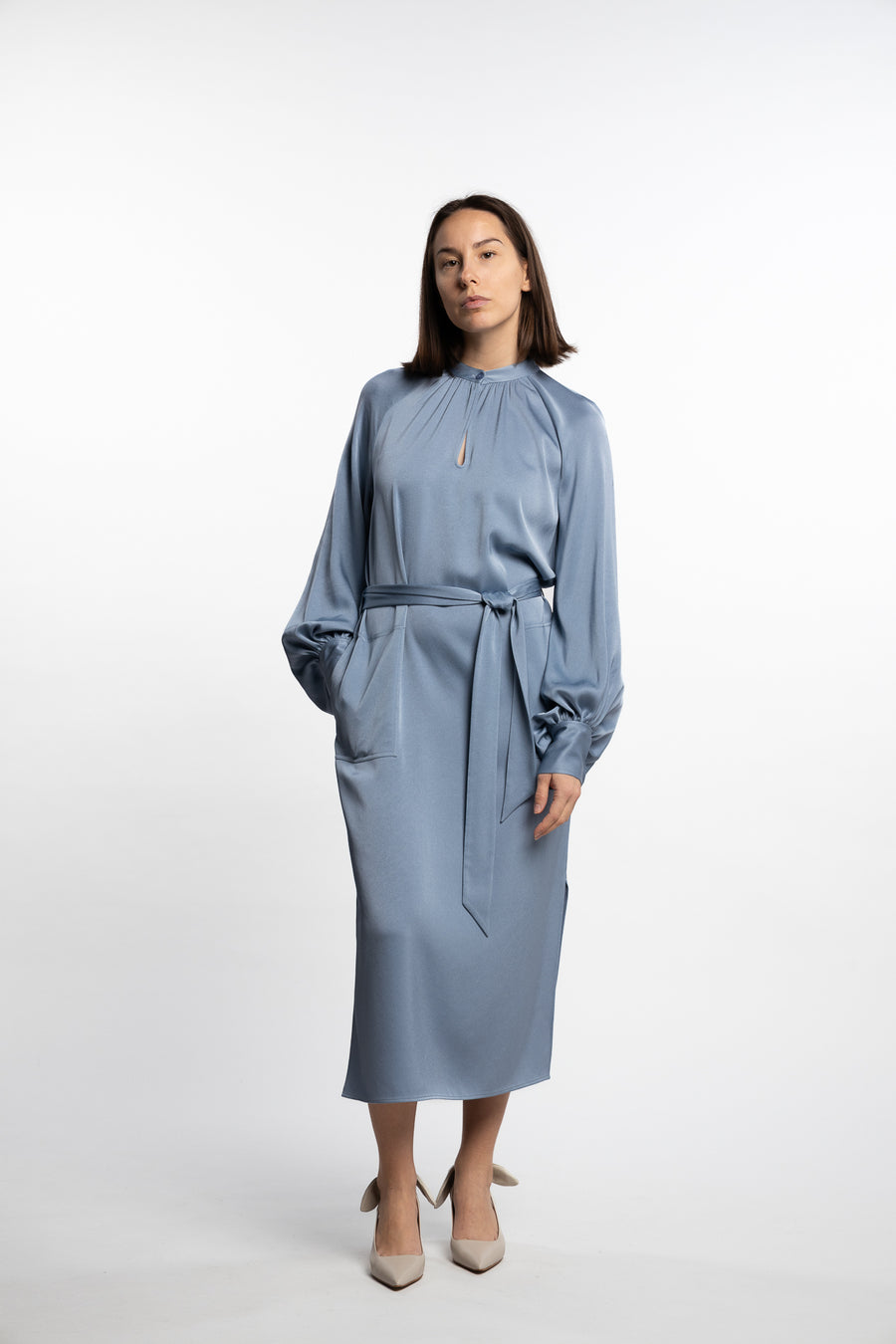 Belted Longsleeve Dress- Air Blue