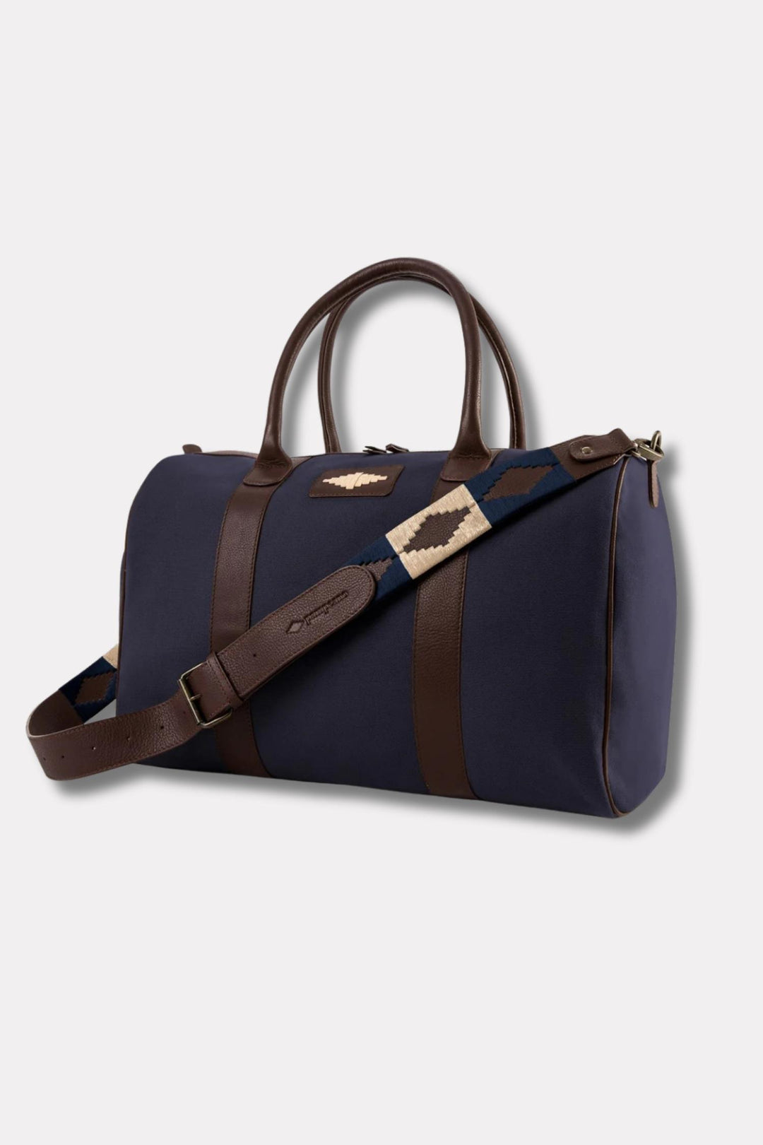 Varon Small Travel Bag - Brown Leather and Navy Canvas with Cream stitching