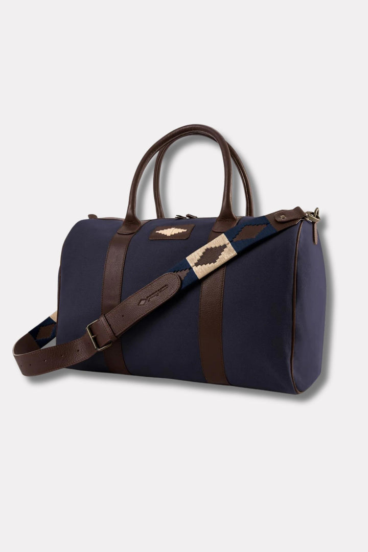 Varon Small Travel Bag - Brown Leather and Navy Canvas with Cream stitching