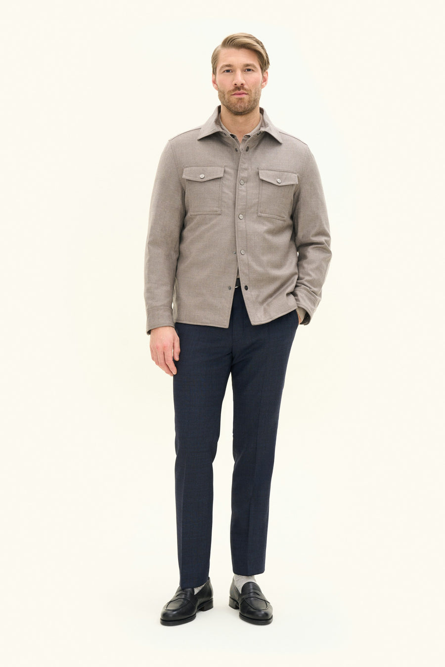 Flannel Shirt Jacket Beige Melange - modellbilde