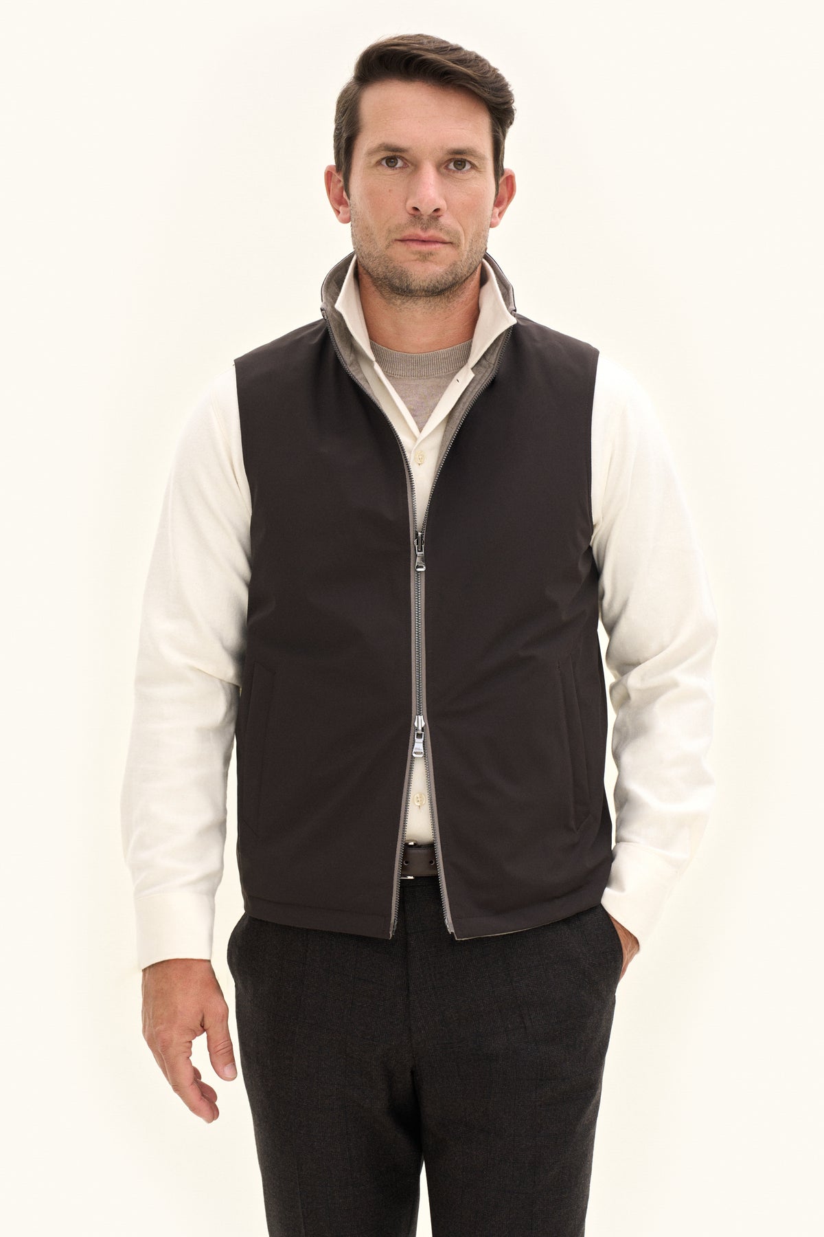 Reversible Padded Flannel Vest Beige Melange