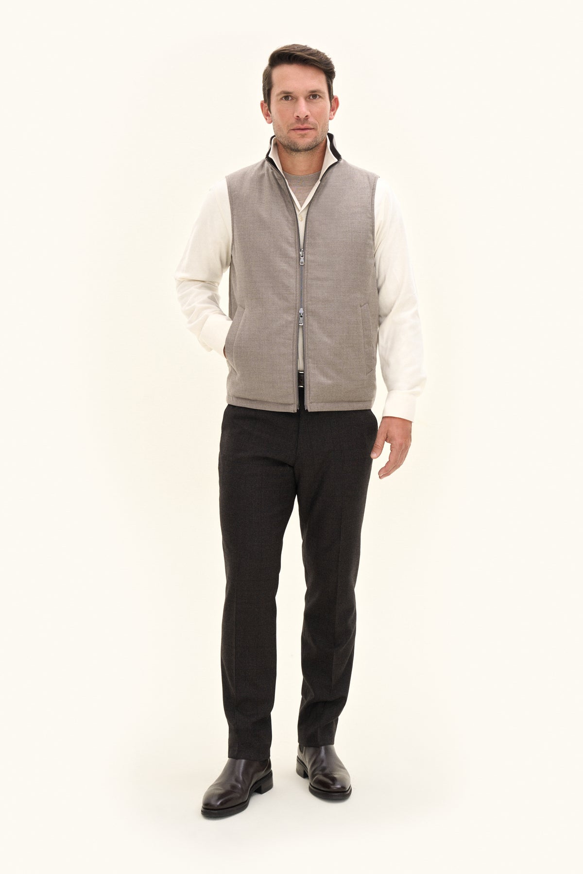 Reversible Padded Flannel Vest Beige Melange