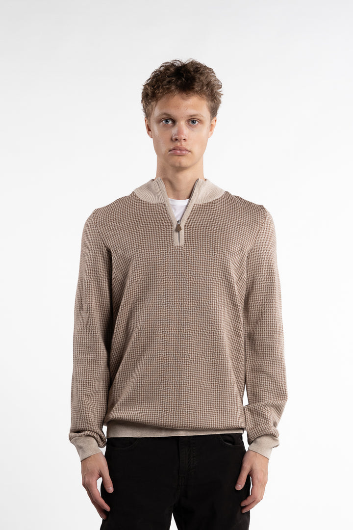 Sweater Half Zip Pepita Merino Wool Beige