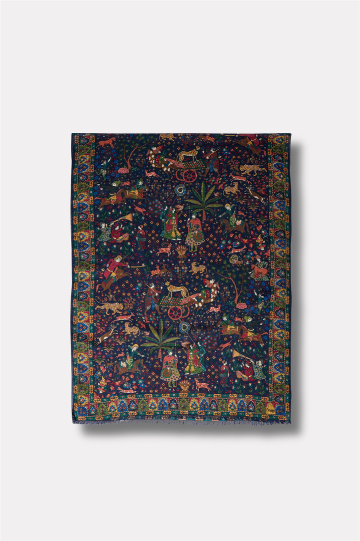 Moghul Garden Wool-Silk Scarf Navy