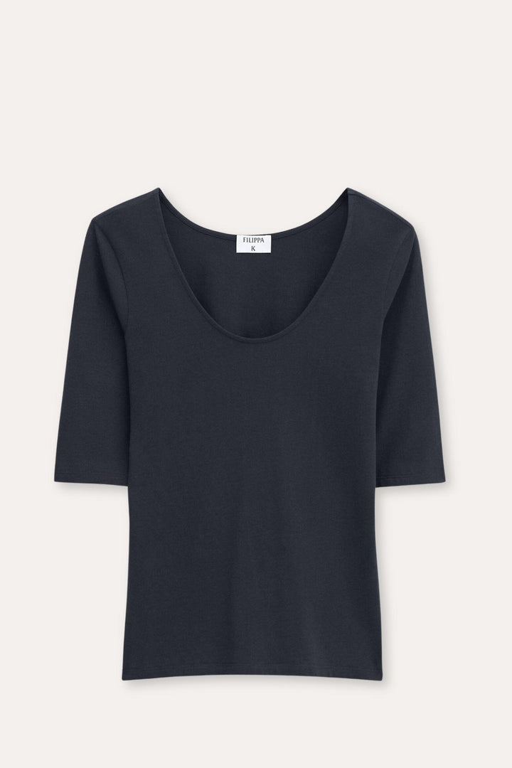 Cotton Stretch Scoop Neck Top- Black