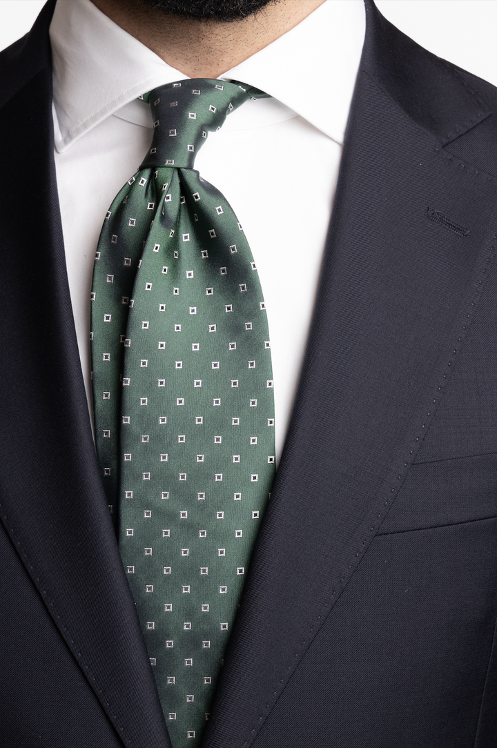 Silk Woven Tie Green with Navy Squares