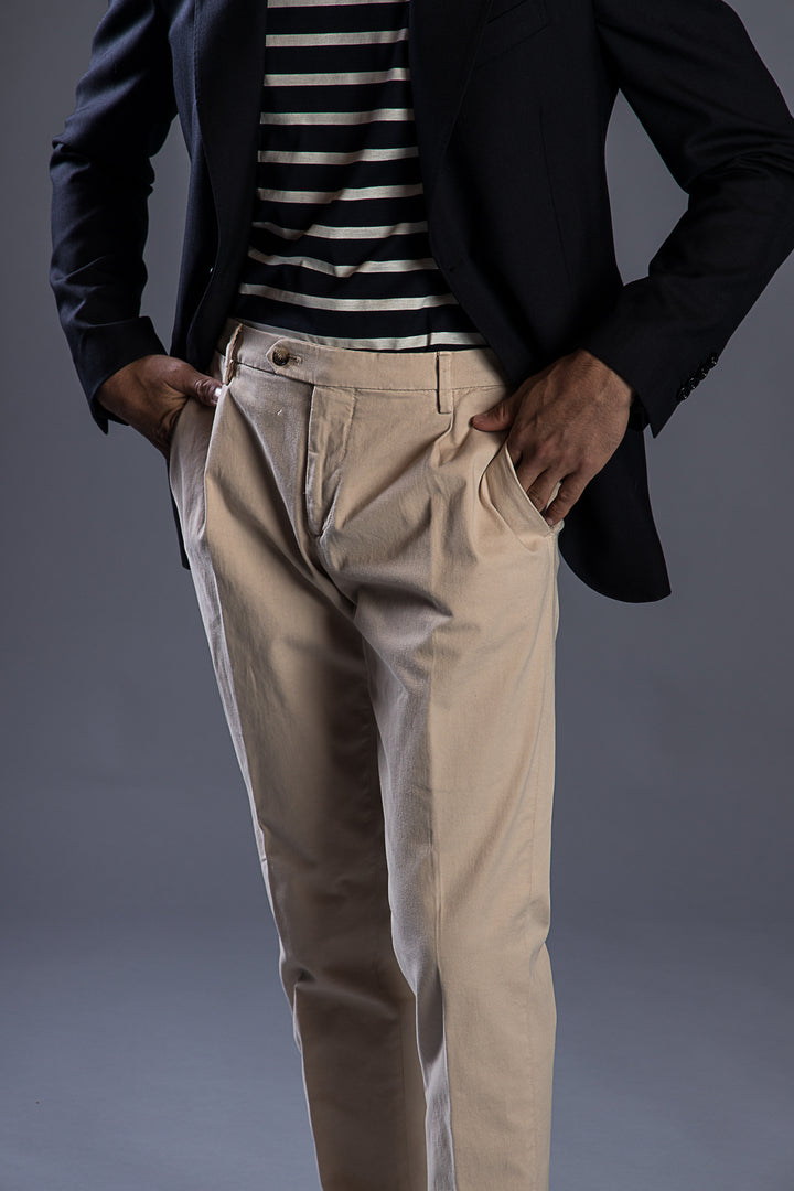 Pleated Cotton Chinos Beige