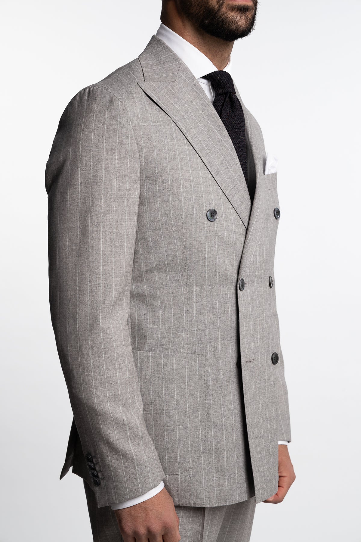 Vicenza Double Breasted Wool Suit Beige Stripe