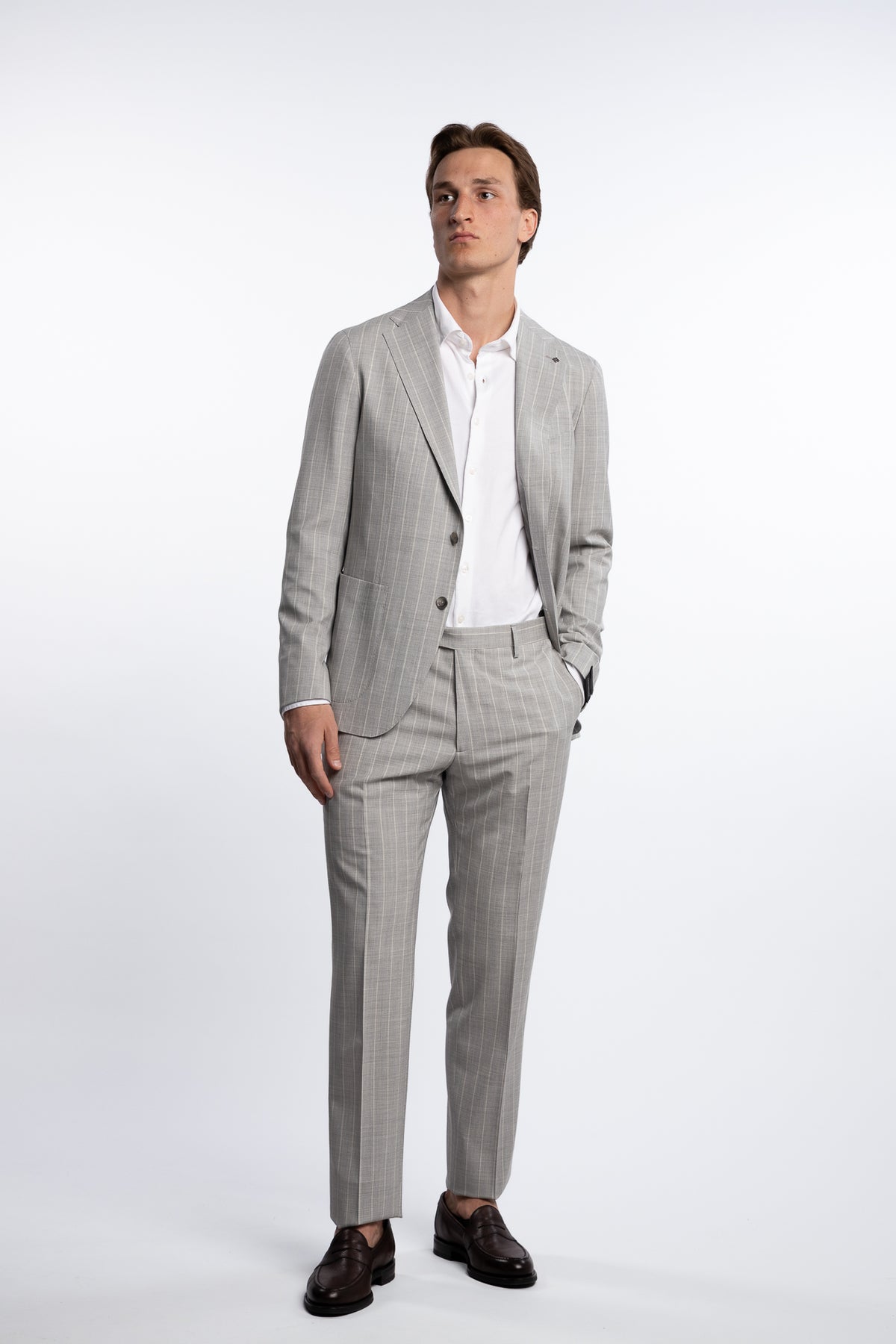 Regular Fit Wool/Silk Suit Grey Pinstripe