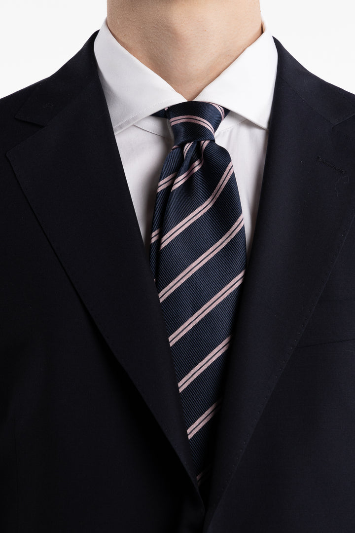 Silk Woven Tie Navy/Light Pink Stripe