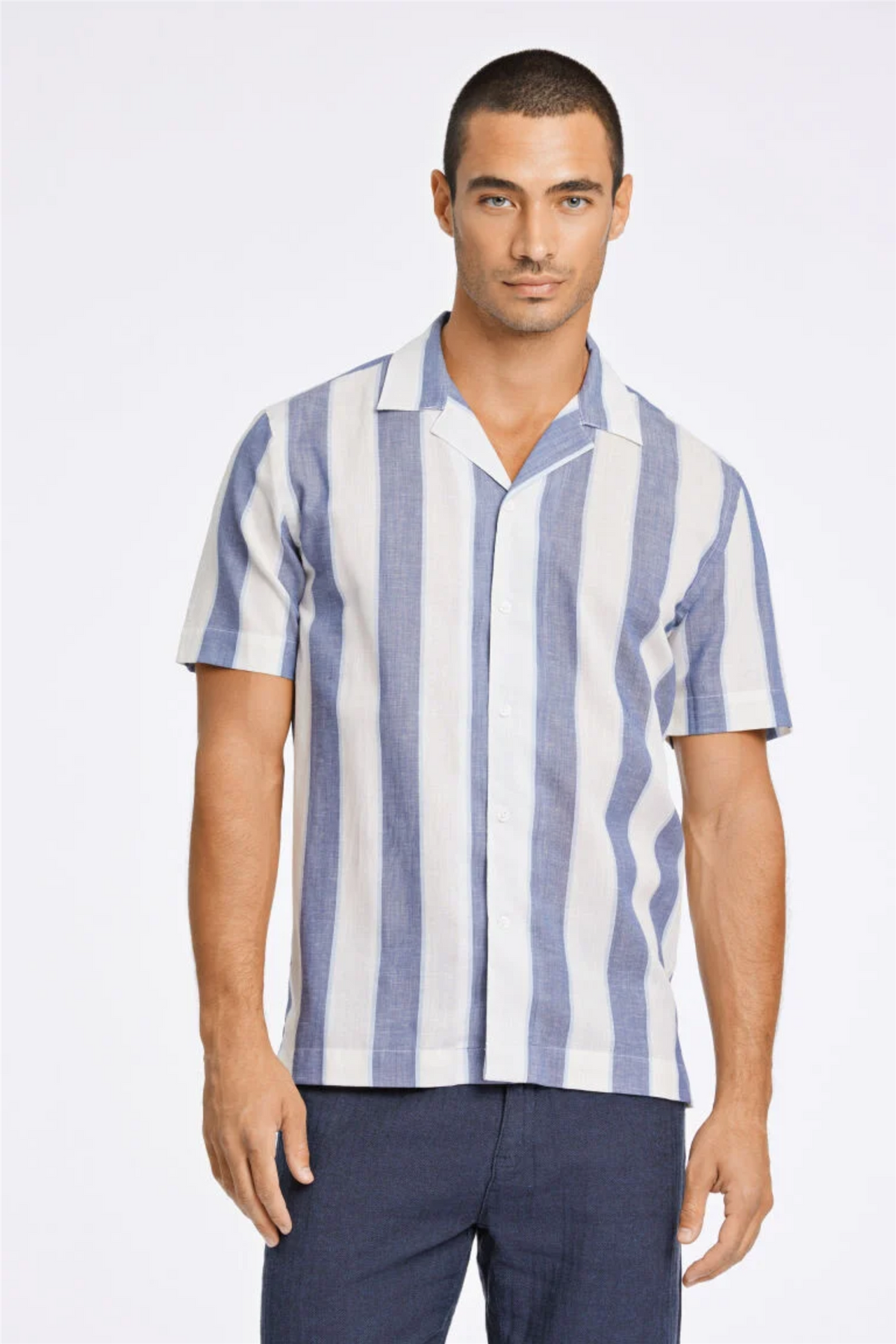 Striped Linen/Cotton Shirt S/S Dk Blue