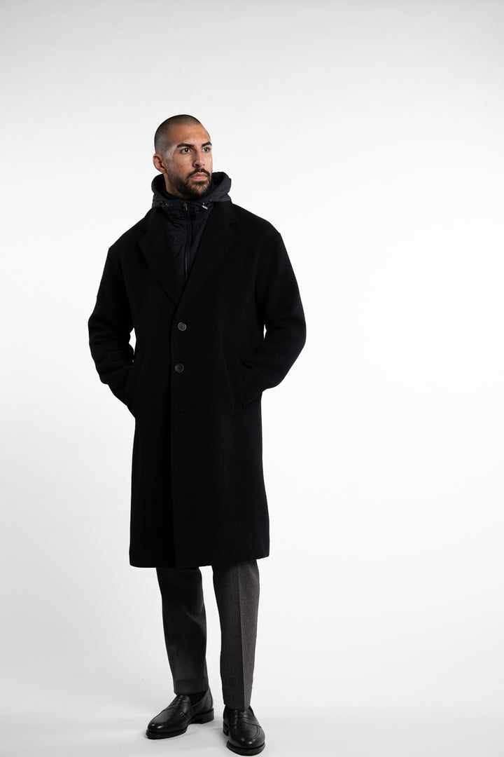 Nylon Hooded Wool Coat Black