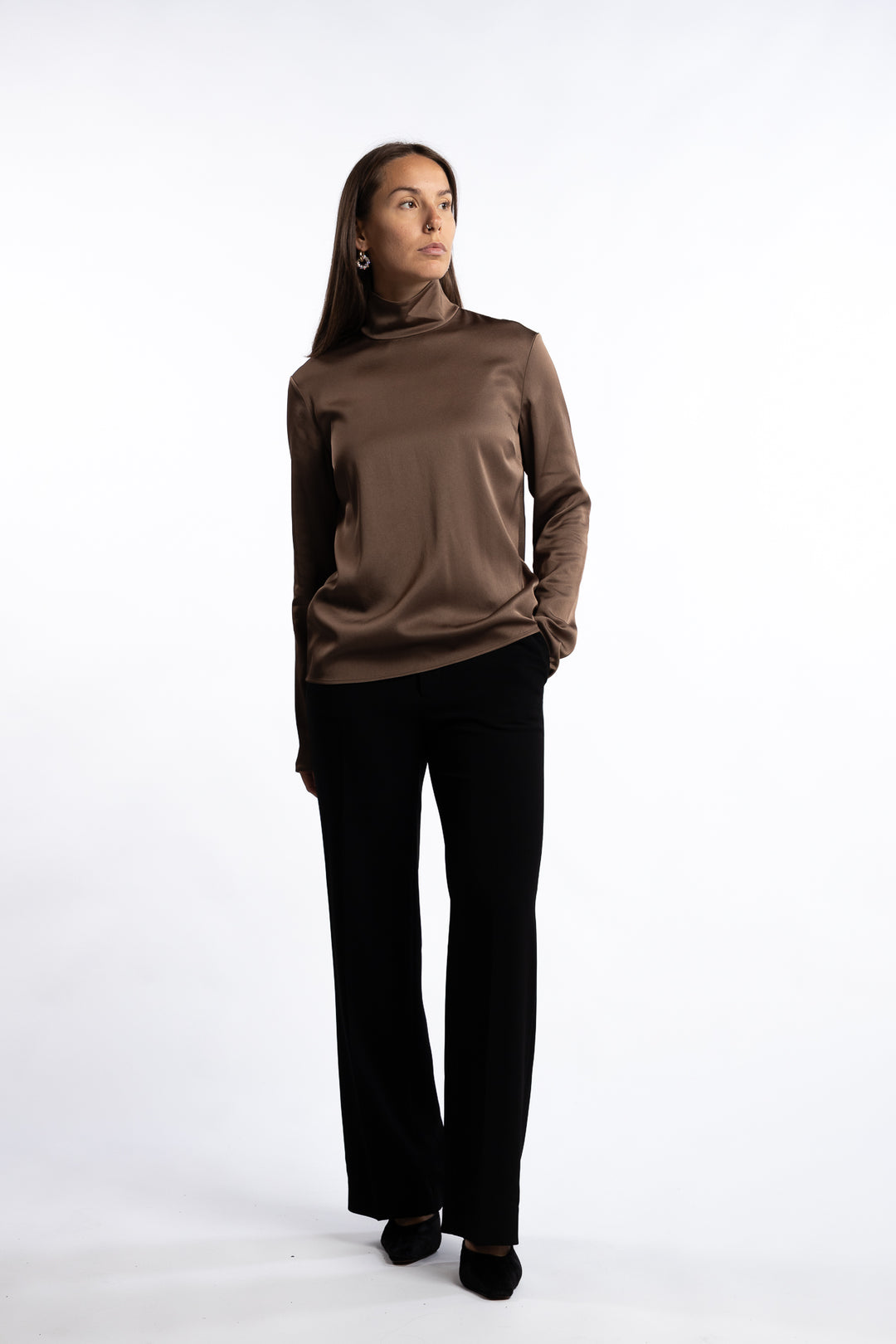 Turtleneck Satin Blouse- Oak Brown
