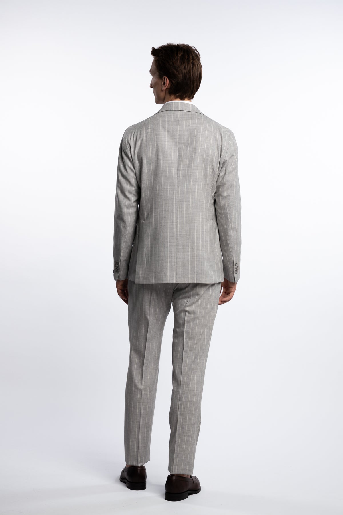Regular Fit Wool/Silk Suit Grey Pinstripe