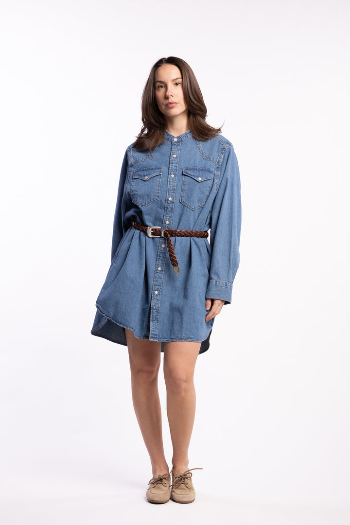 Western Denim Shirt Dress- Washed Mid Blue