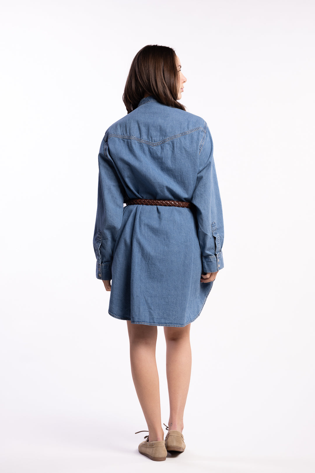 Western Denim Shirt Dress- Washed Mid Blue