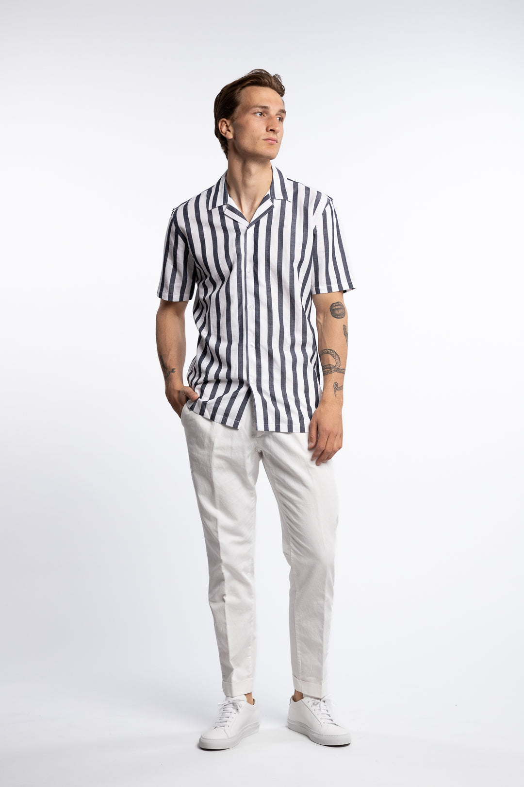 Cotton/Linen Striped Resort S/S Shirt Navy