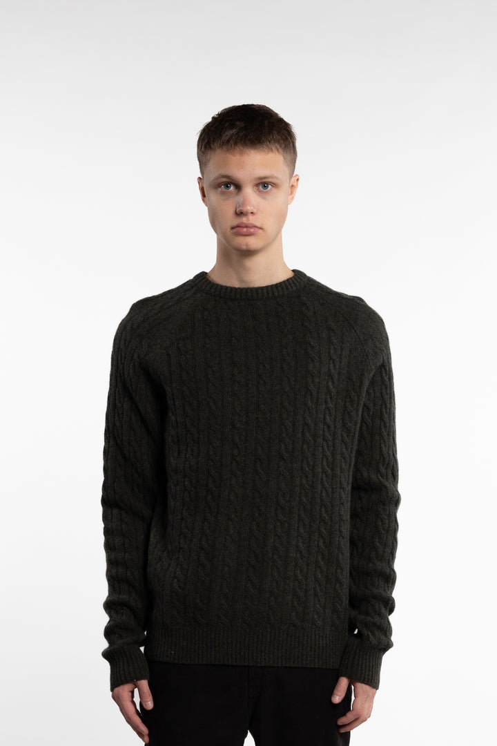 Lambswool Raglan Cable O-Neck Army