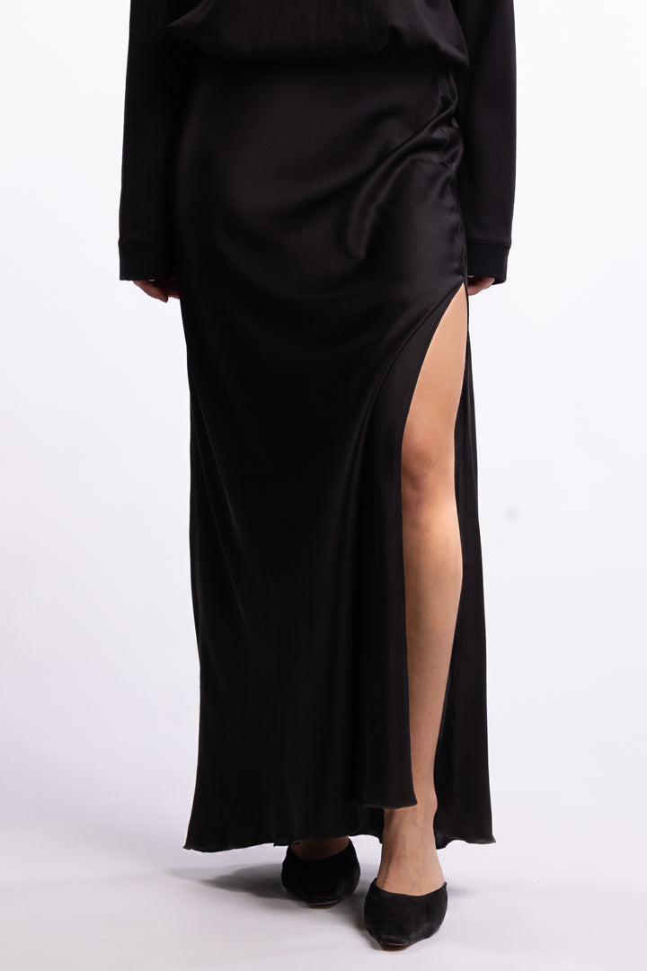 Hana Long Silk Skirt- Black
