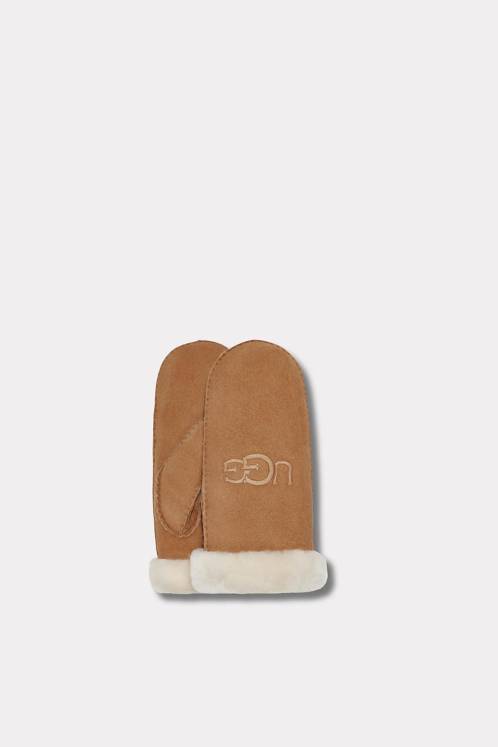 W Sheepskin Embroider Mitten- Chestnut