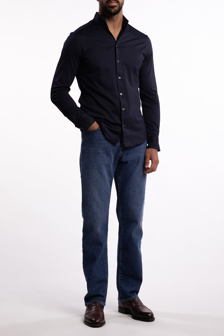 No Collar Cotton Shirt Navy
