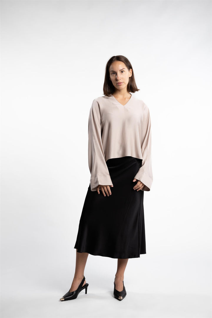 Nina V-neck Silk Blouse- Greige