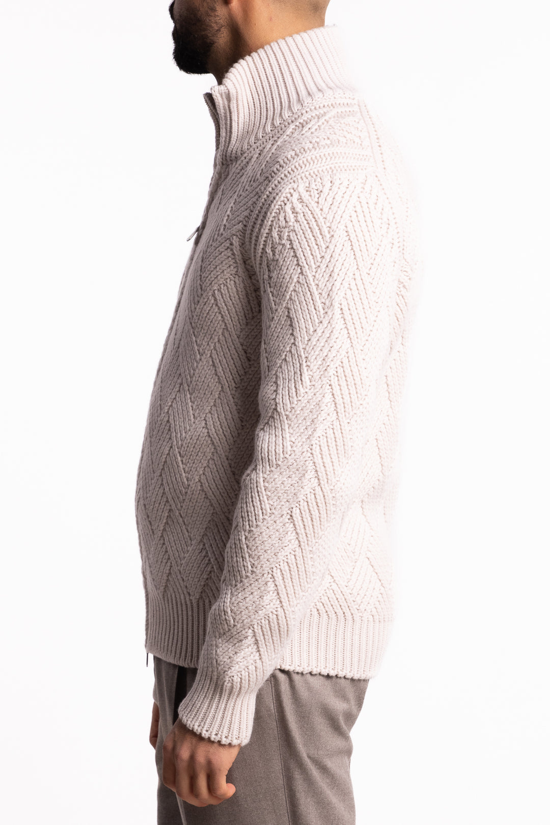 Wool Full-Zip Cable Knit Cardigan Off White