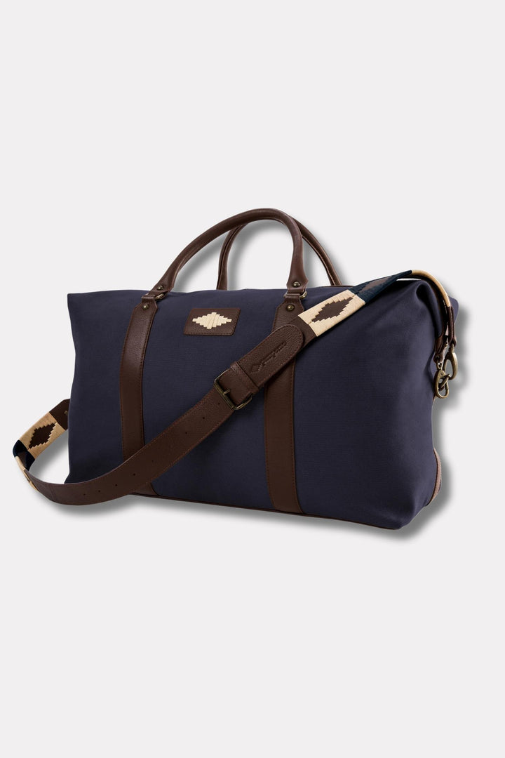 Caballero Large Travel Bag - Brown Leather and Navy Canvas With Cream Stitching