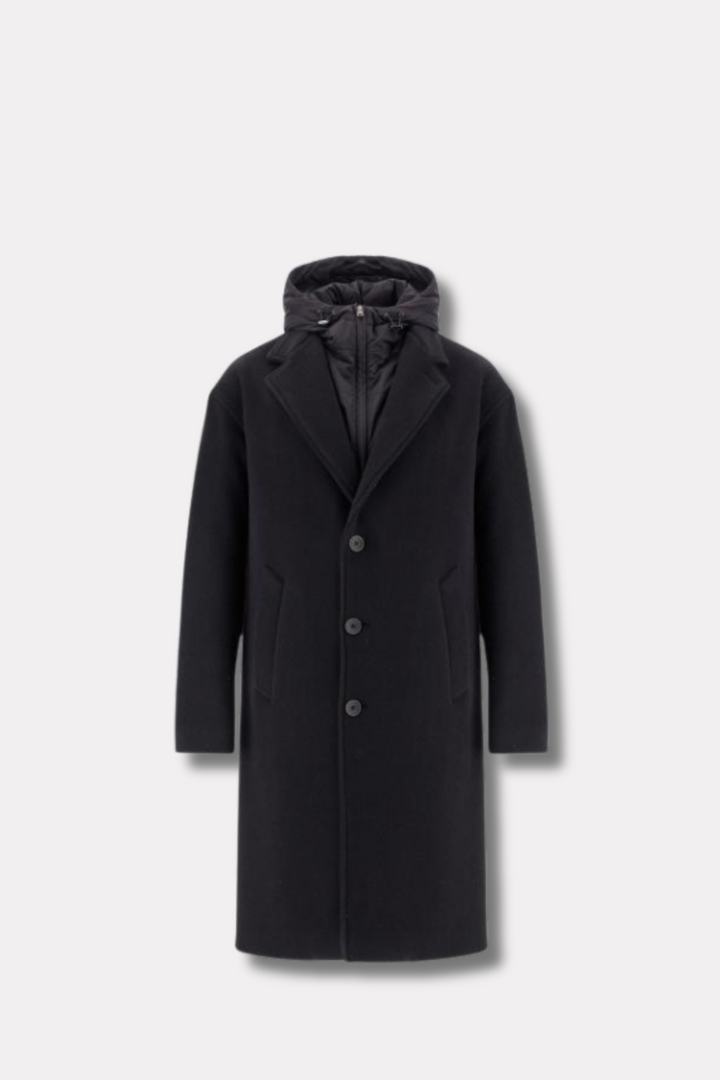 Nylon Hooded Wool Coat Black