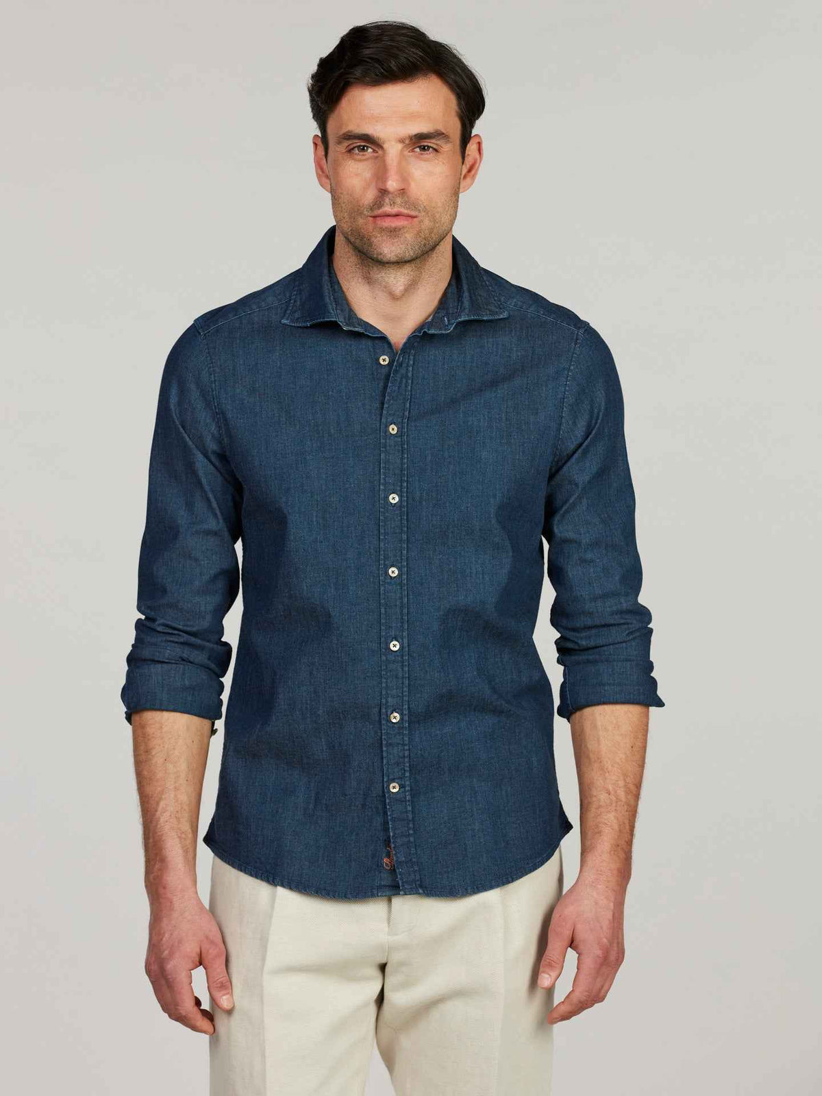 Slimline Casual Denim Stretch Shirt Navy - Stenströms detalj