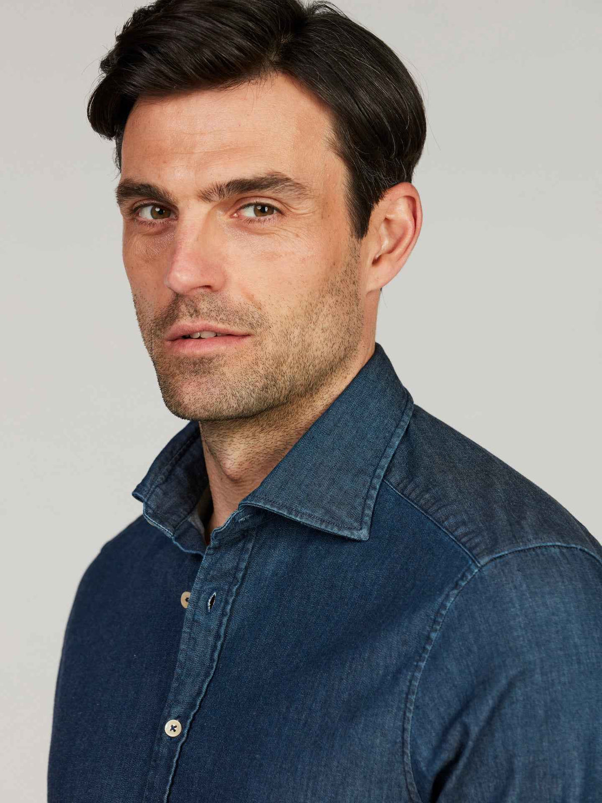 Slimline Casual Denim Stretch Shirt Navy - Stenströms detalj