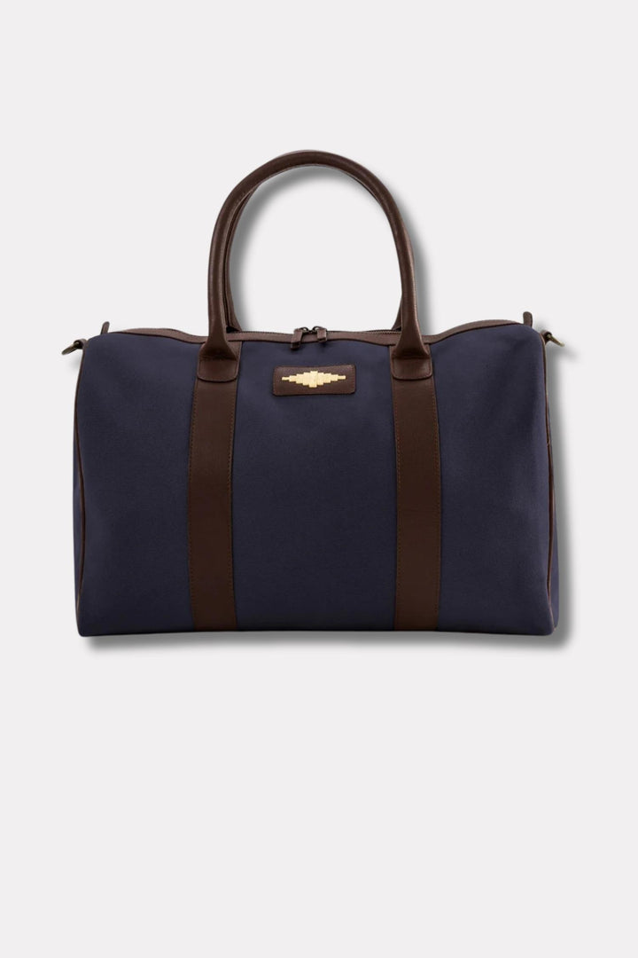 Varon Small Travel Bag - Brown Leather and Navy Canvas with Cream stitching