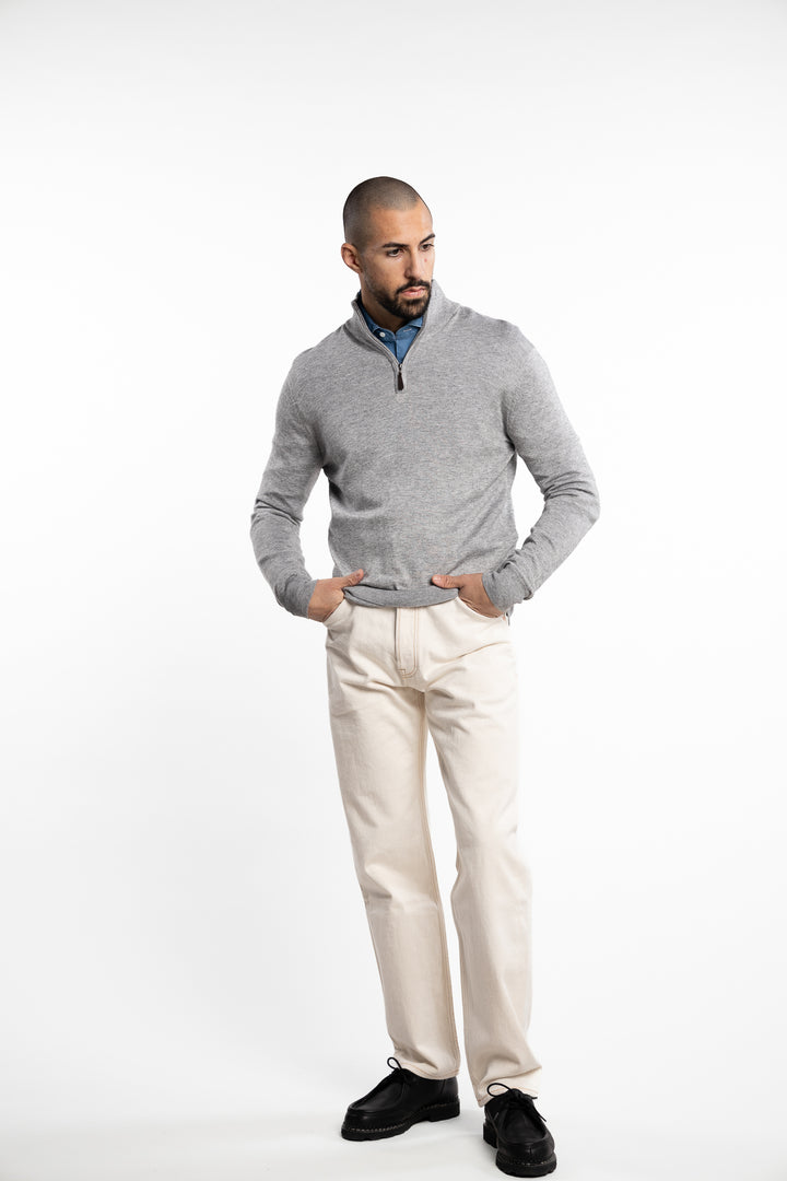 Knitted Wool Cashmere Half-Zip Light Grey Melange