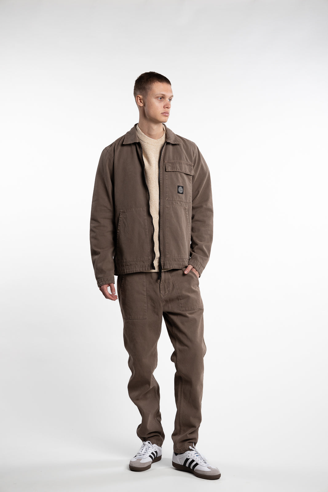 Panama Cotton 'Old' Effect Overshirt with Zip Fastening Walnut Brown