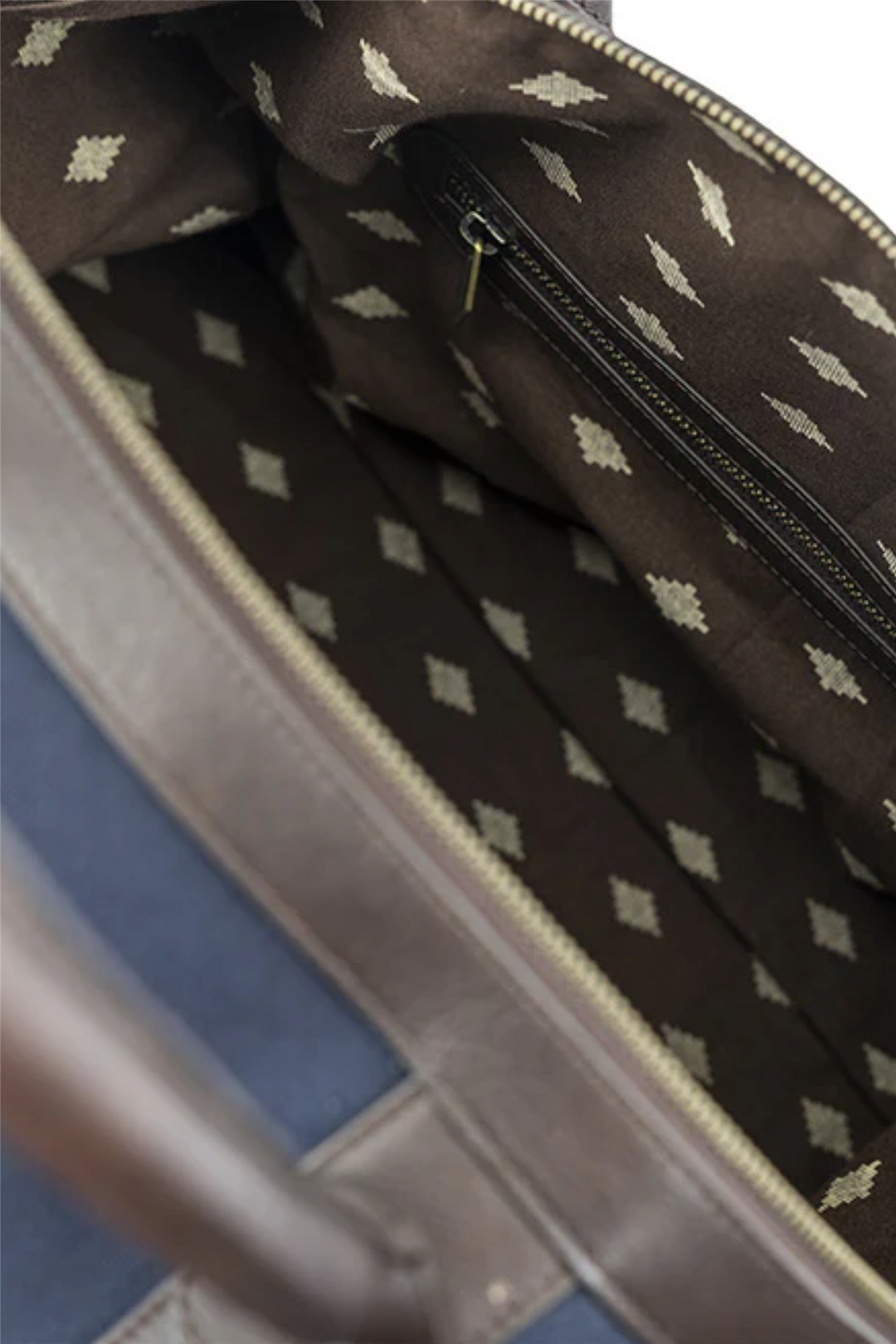 Caballero Large Travel Bag - Brown Leather and Navy Canvas With Cream Stitching