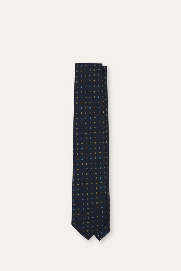 Geometric Flower Print Silk Self-Tipped Tie Navy