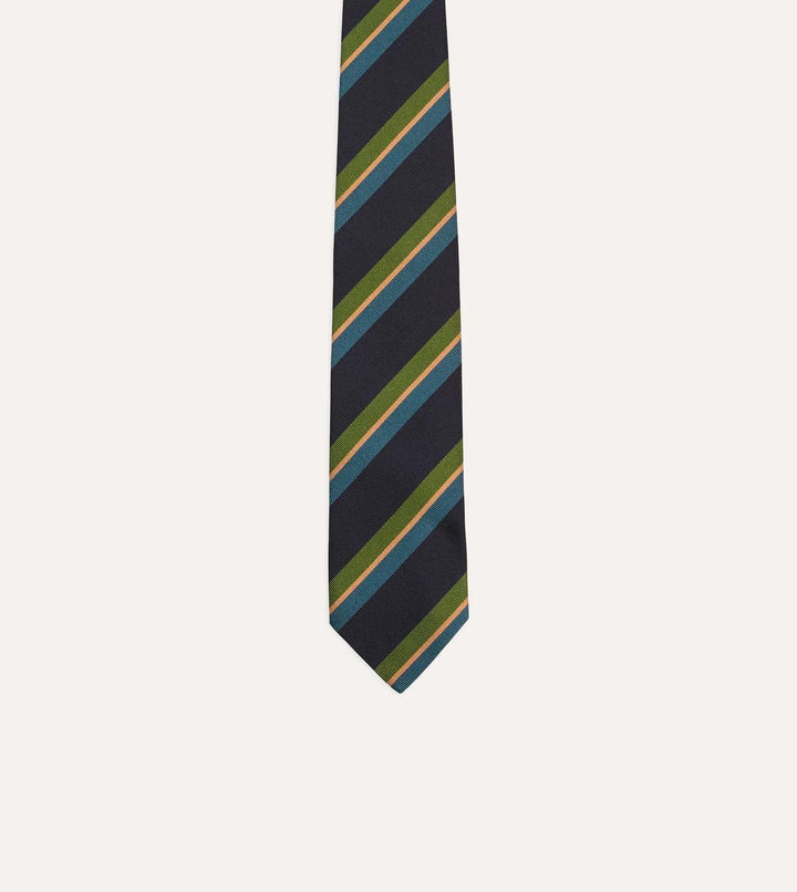 Sandwich Stripe Reppe Silk Tie Navy, Green & Blue