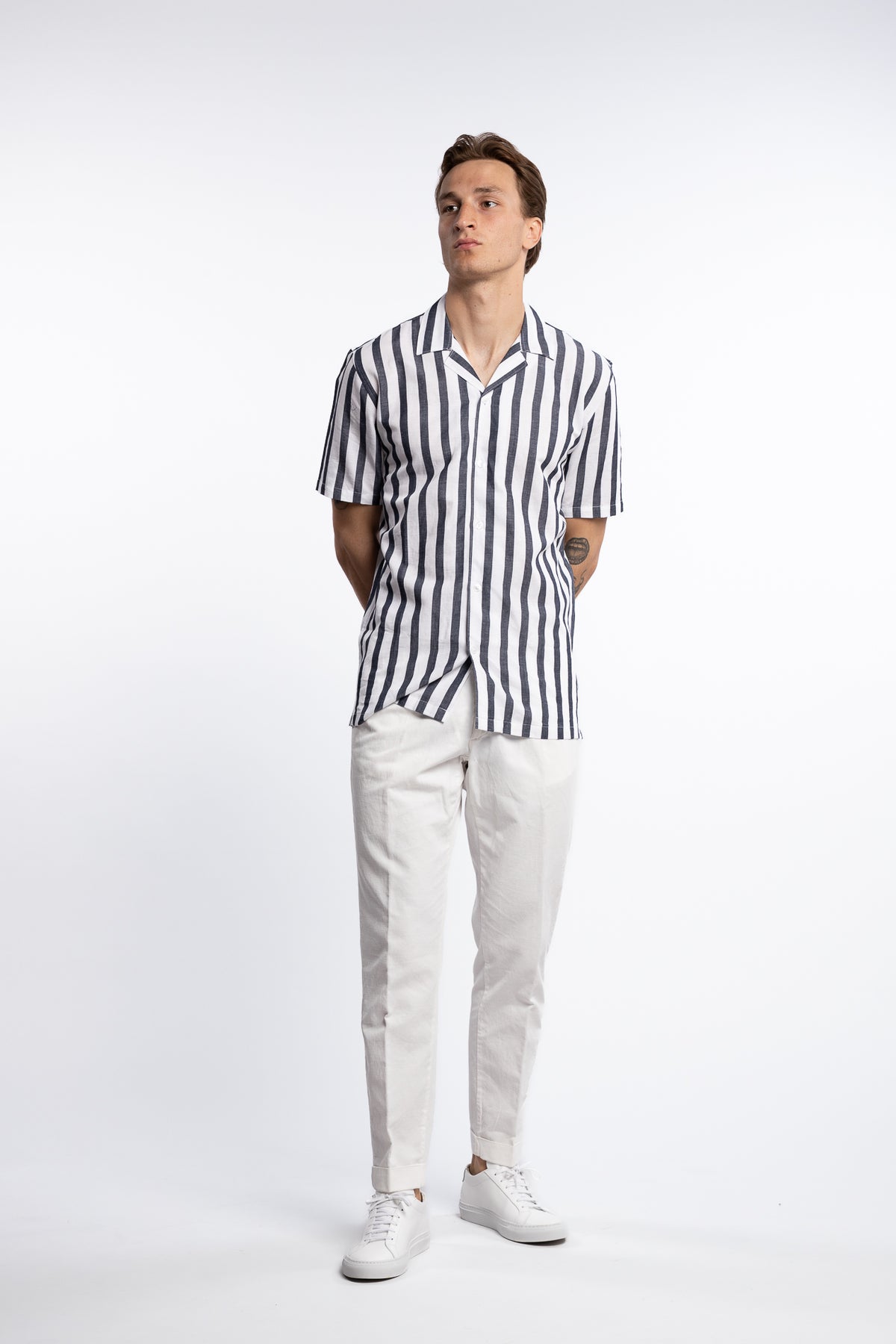 Cotton/Linen Striped Resort S/S Shirt Navy